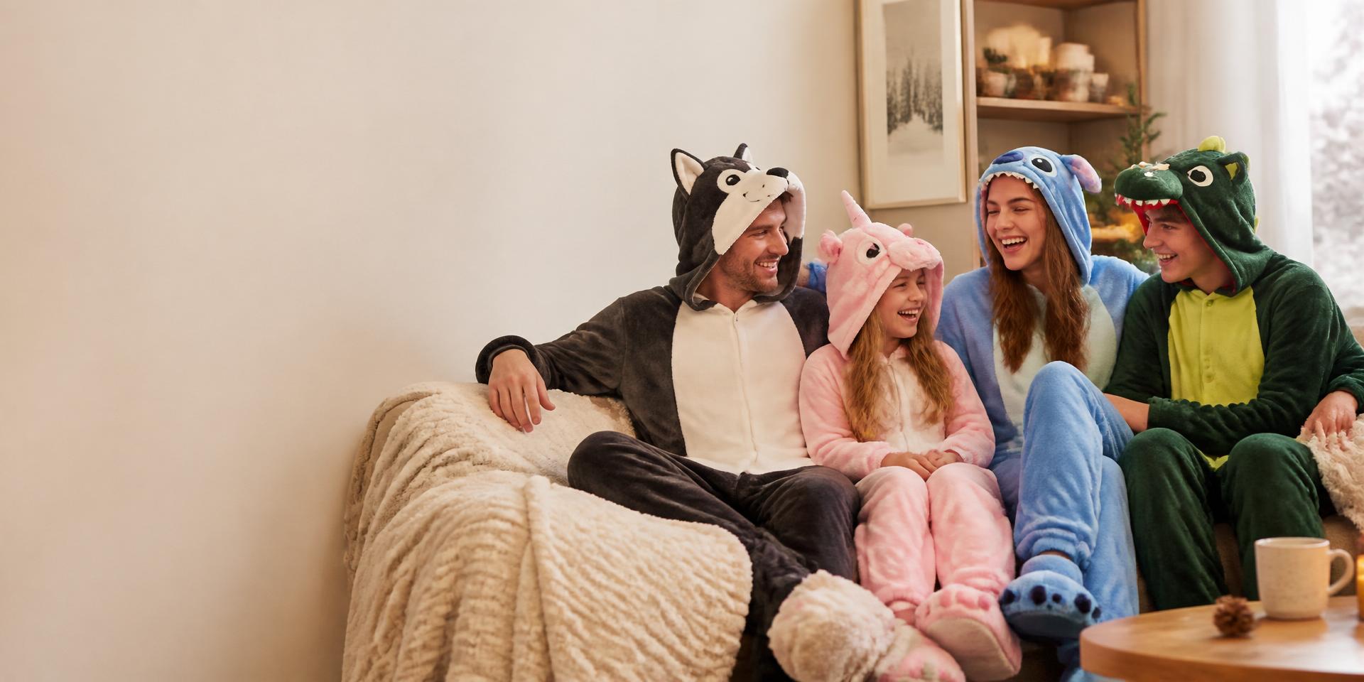 Família usando macacões kigurumi confortáveis em casa